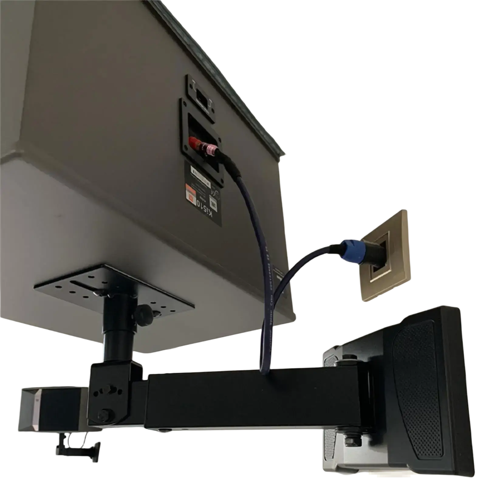 Black adjustable wall-mounted speaker stand adapter with matte finish and articulated joints for angle adjustment