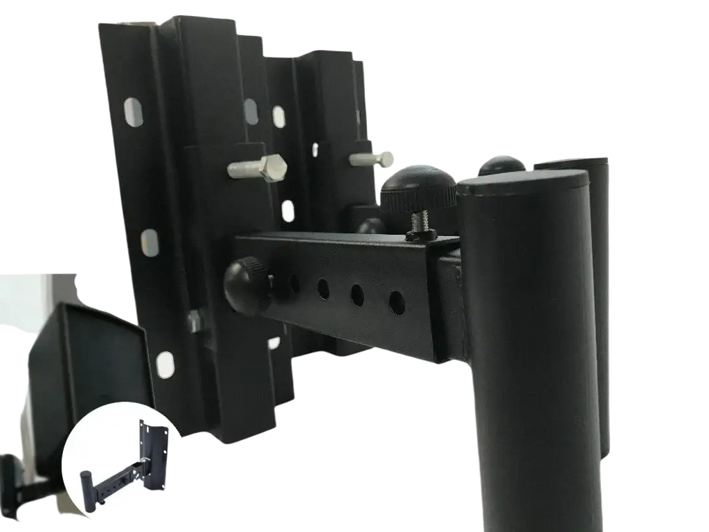 Black metal speaker wall mount brackets with adjustable arms and knobs for secure and versatile speaker positioning