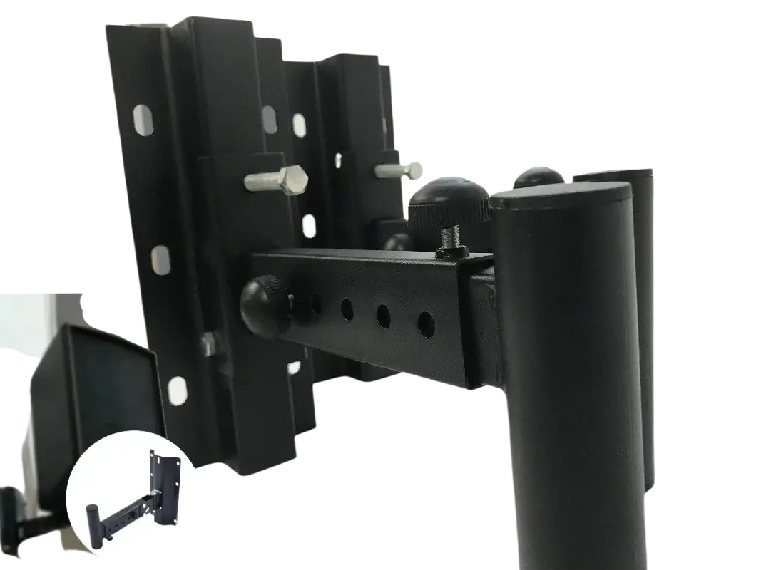 Black metal speaker wall mount brackets with adjustable arms and knobs for secure and versatile speaker positioning