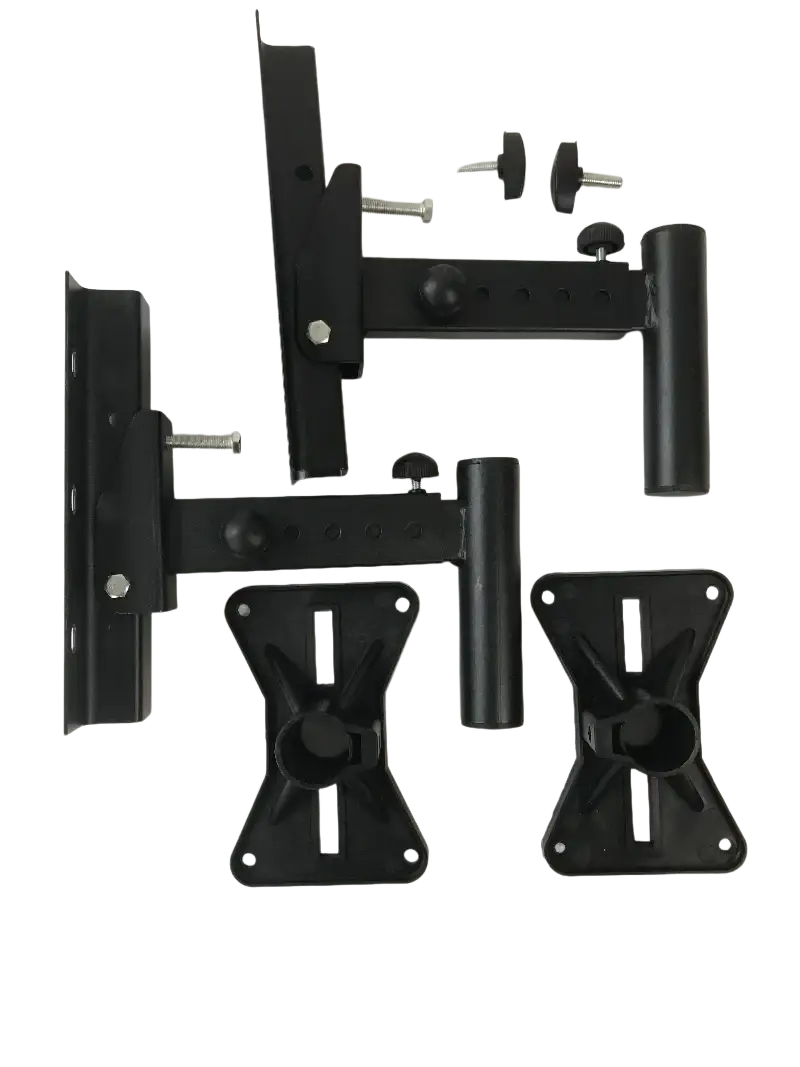 Black metal monitor arm mount kit with adjustable joints and wall brackets for speaker wall mount brackets adjustable metal stands