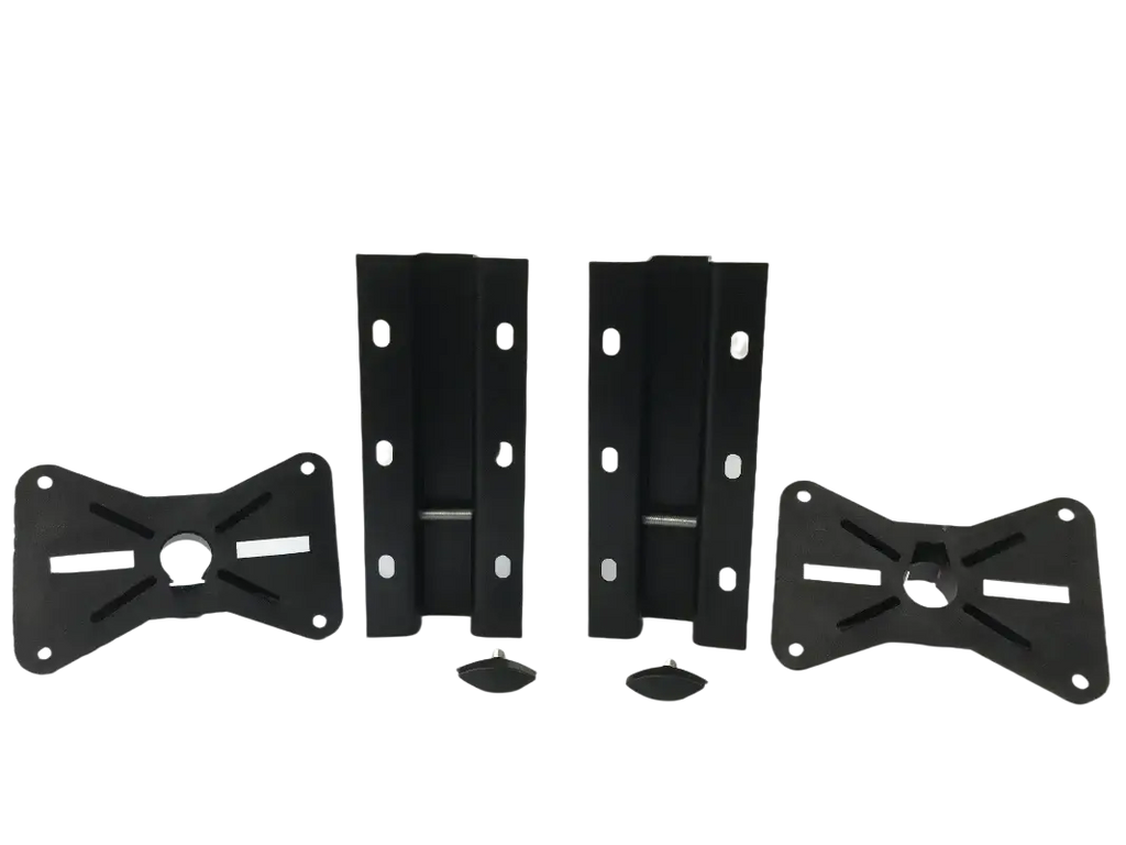 Black metal speaker wall mount brackets with adjustable arms and mounting plates for versatile TV installation