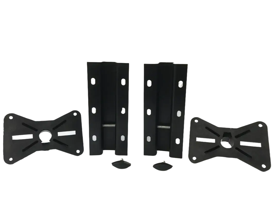 Black metal speaker wall mount brackets with adjustable arms and mounting plates for versatile TV installation