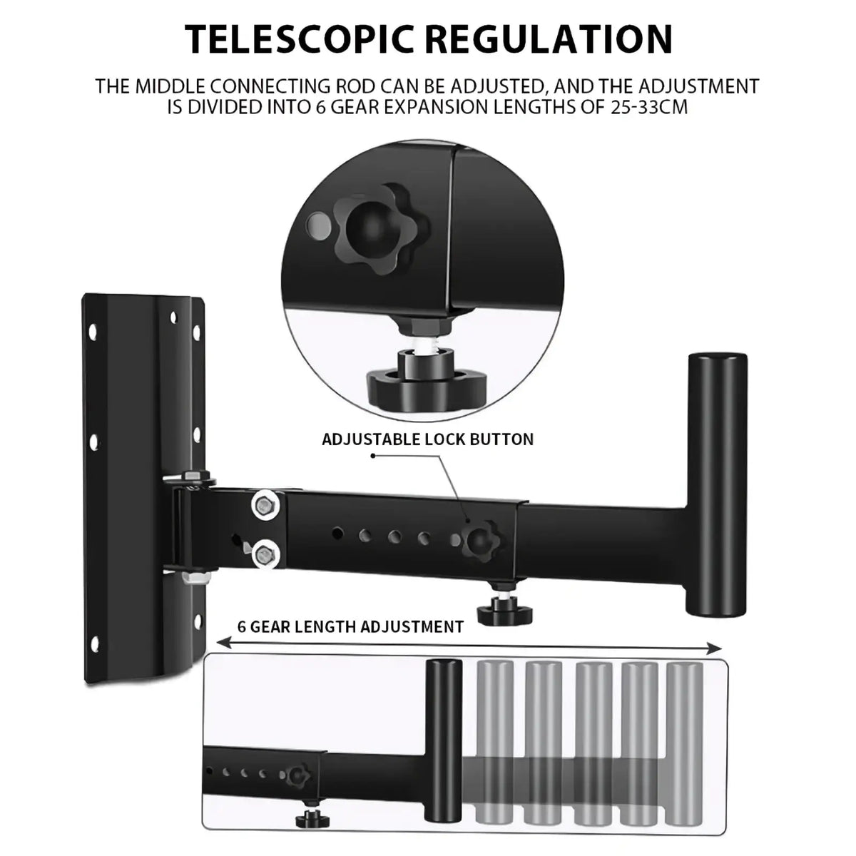 Black metal speaker wall mount bracket with adjustable gear expansion for telescopic screen or monitor support