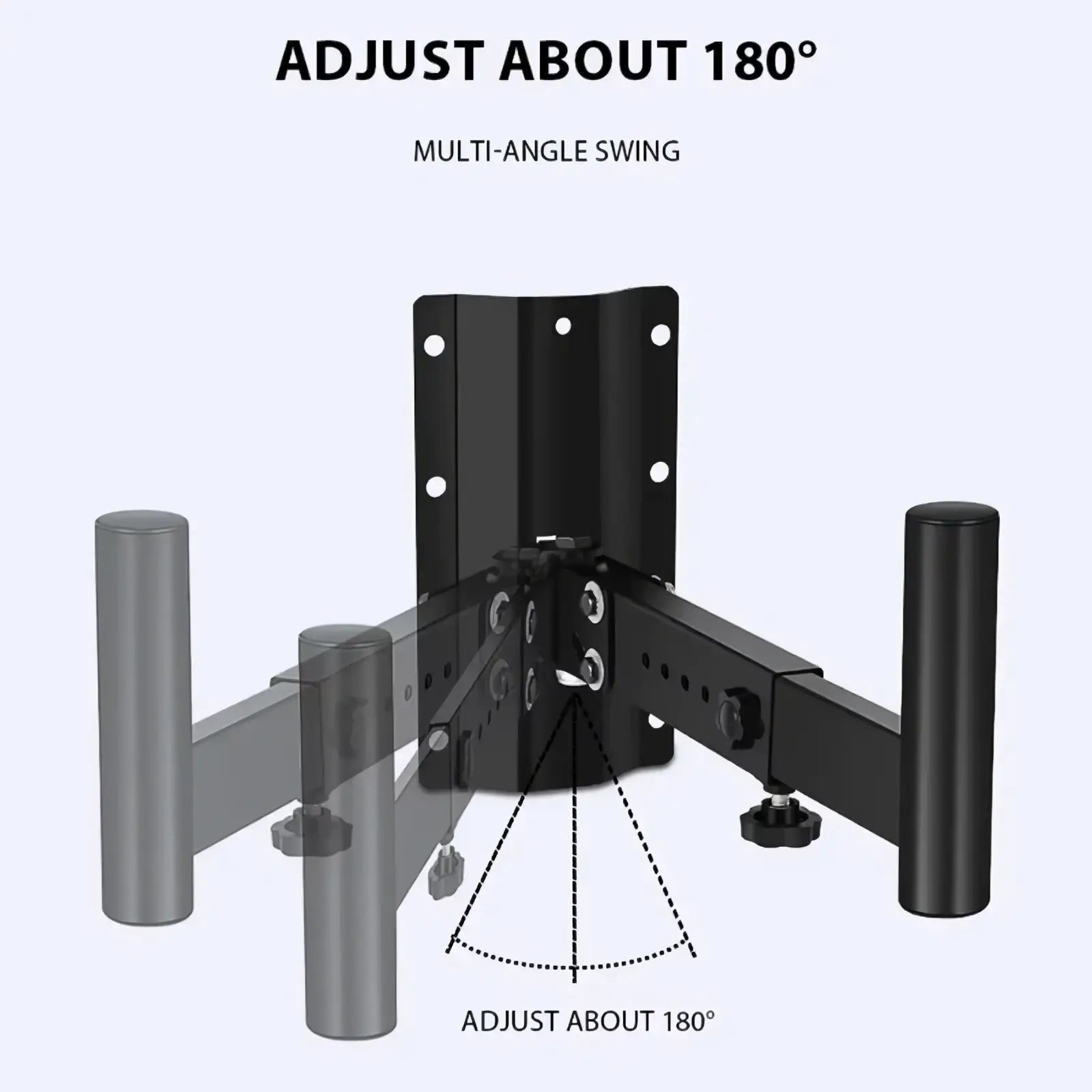 Black metal speaker wall mount bracket with adjustable multi-angle swing of about 180 degrees for versatile positioning