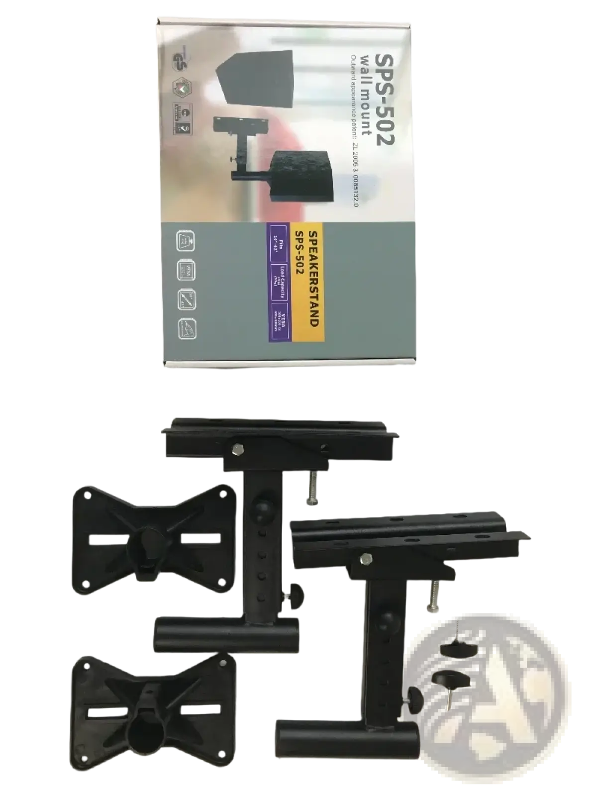 Black plastic sps-502 speaker wall mount brackets with adjustable metal arms and sturdy mounting kit