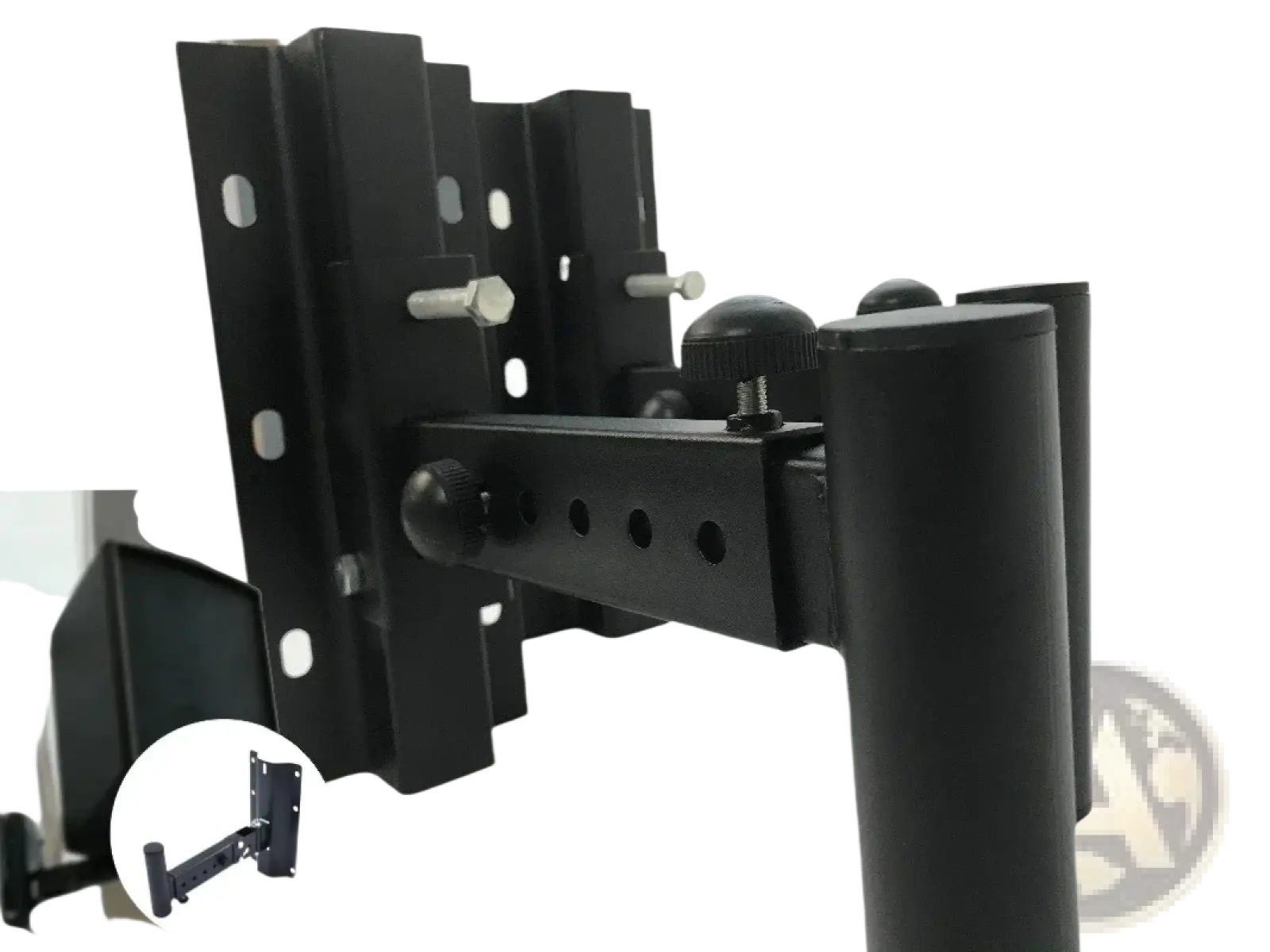 Black metal speaker wall mount brackets with adjustable arms and knobs for secure and versatile speaker positioning