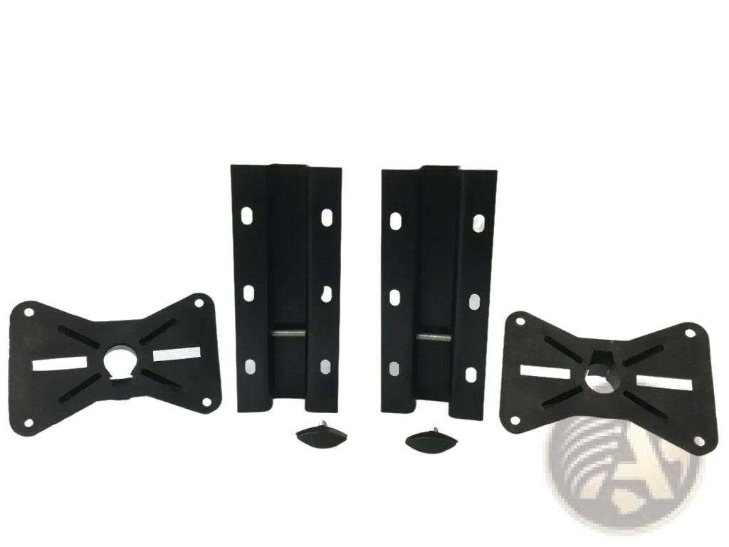 Black metal speaker wall mount brackets with adjustable arms and mounting plates for versatile TV installation