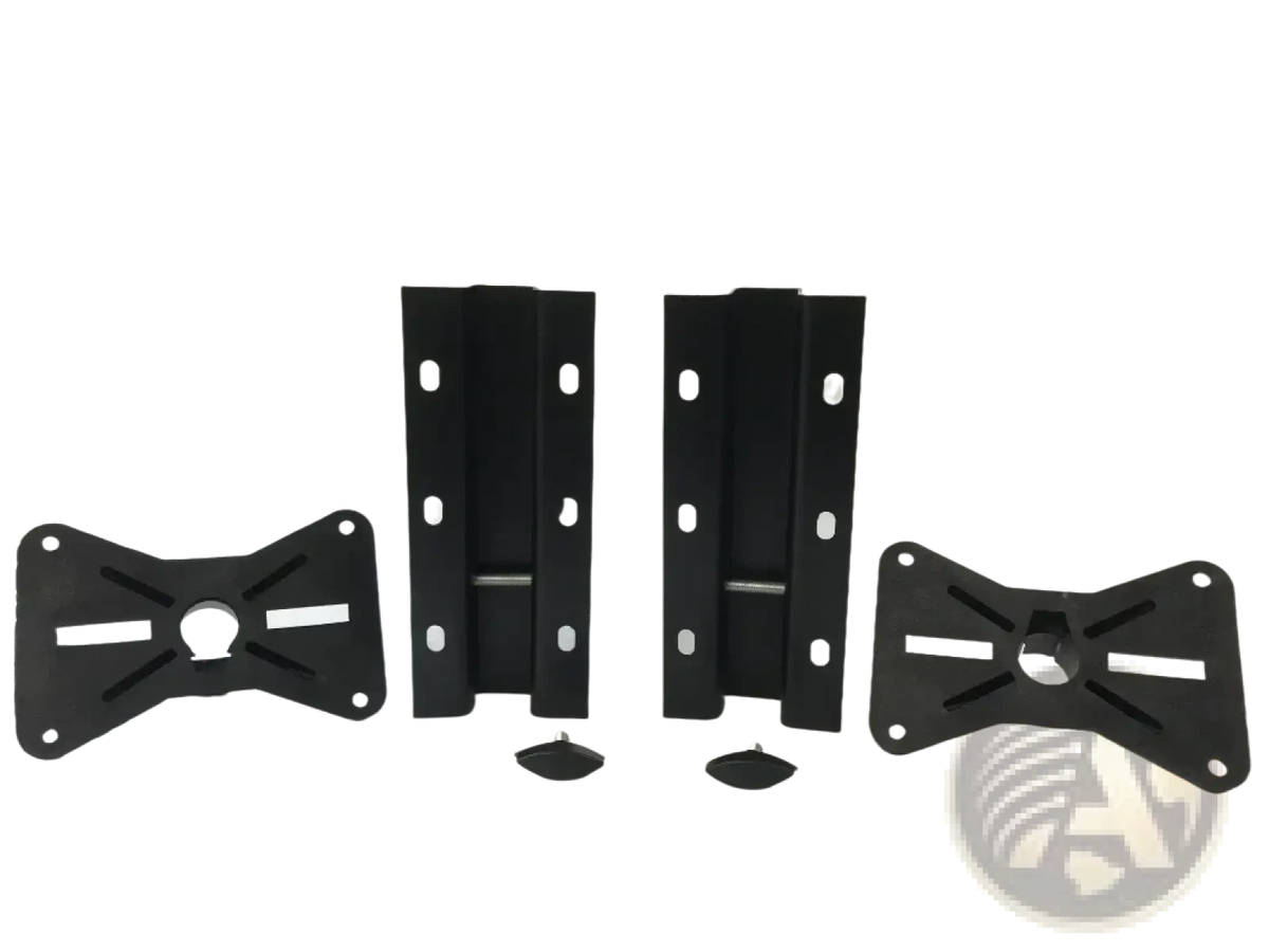 Black metal speaker wall mount brackets with adjustable arms and mounting plates for versatile TV installation