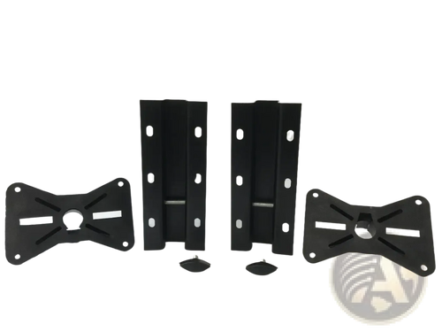Black metal speaker wall mount brackets with adjustable arms and mounting plates for versatile TV installation