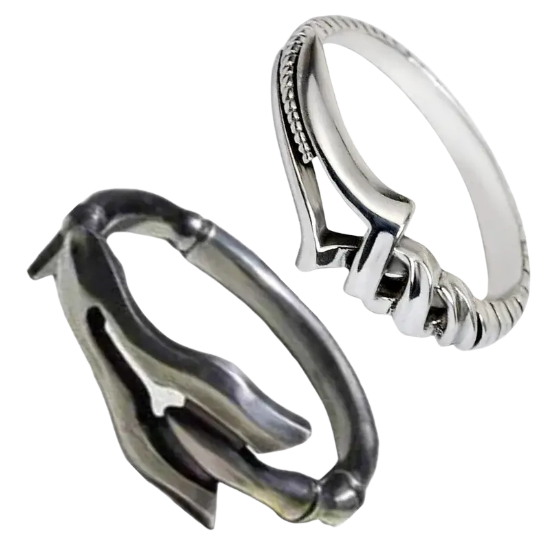 Silver-toned metal spear of longinus adjustable ring with textured twisted design and intricate knot pattern ideal for bank transfers