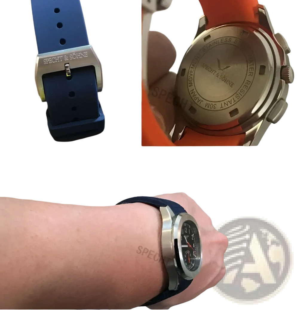 Specht & Söhne luxury sport chronograph watch with blue rubber strap and silver-tone case and buckle