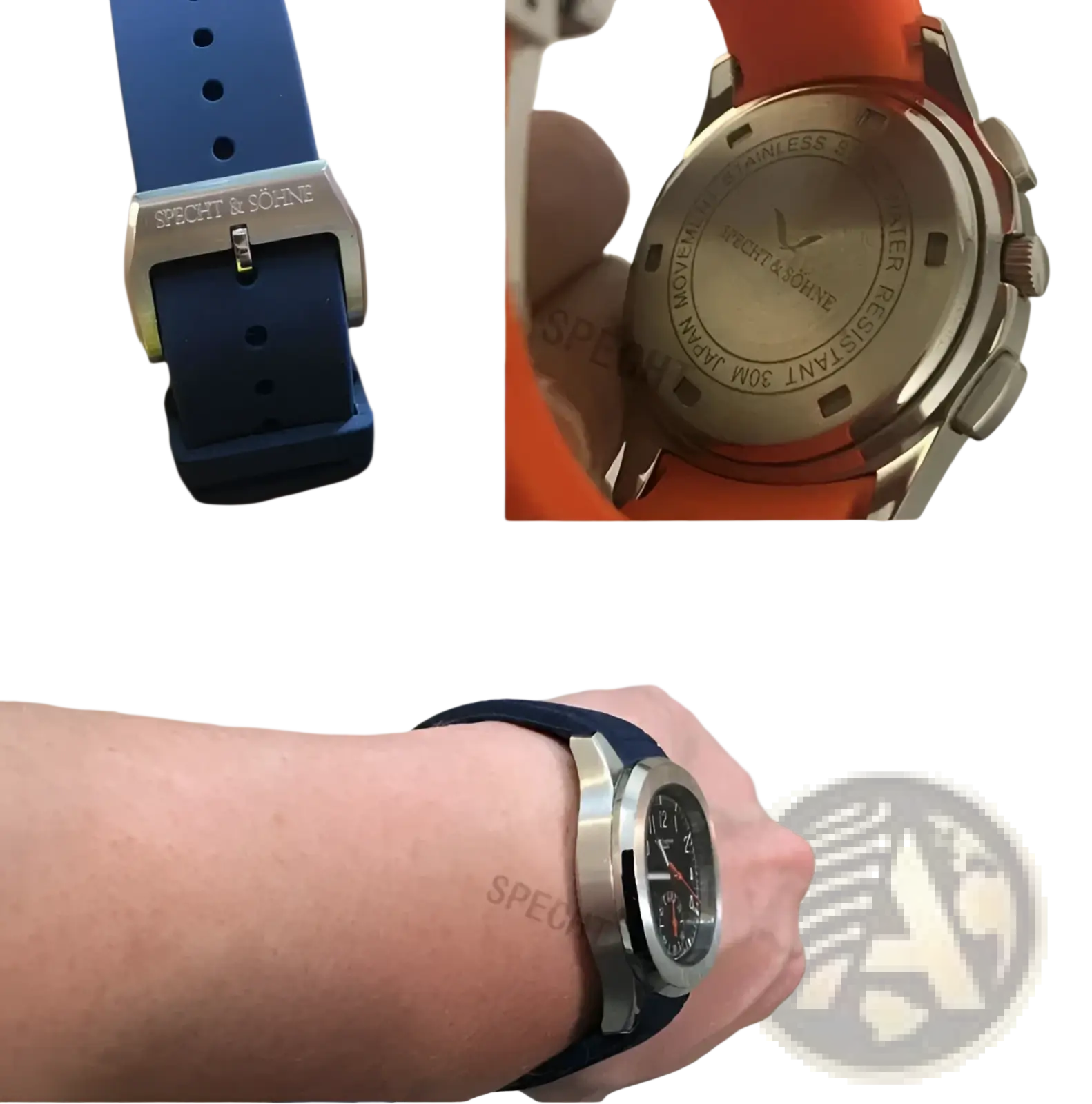 Specht & Söhne luxury sport chronograph watch with blue rubber strap and silver-tone case and buckle
