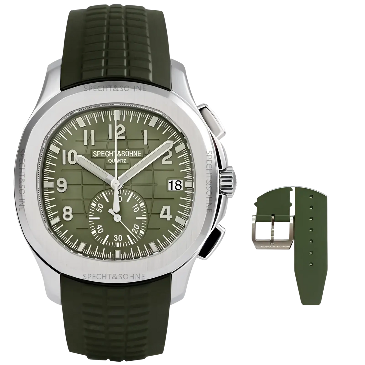 Specht & söhne luxury sport chronograph watch with olive green rubber strap and silver pin buckle