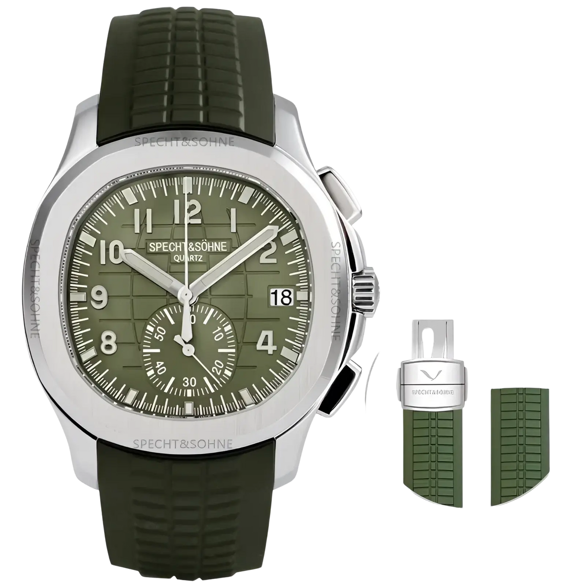 Specht & Söhne luxury sport chronograph watch with olive green rubber strap silver-toned case and butterfly buckle