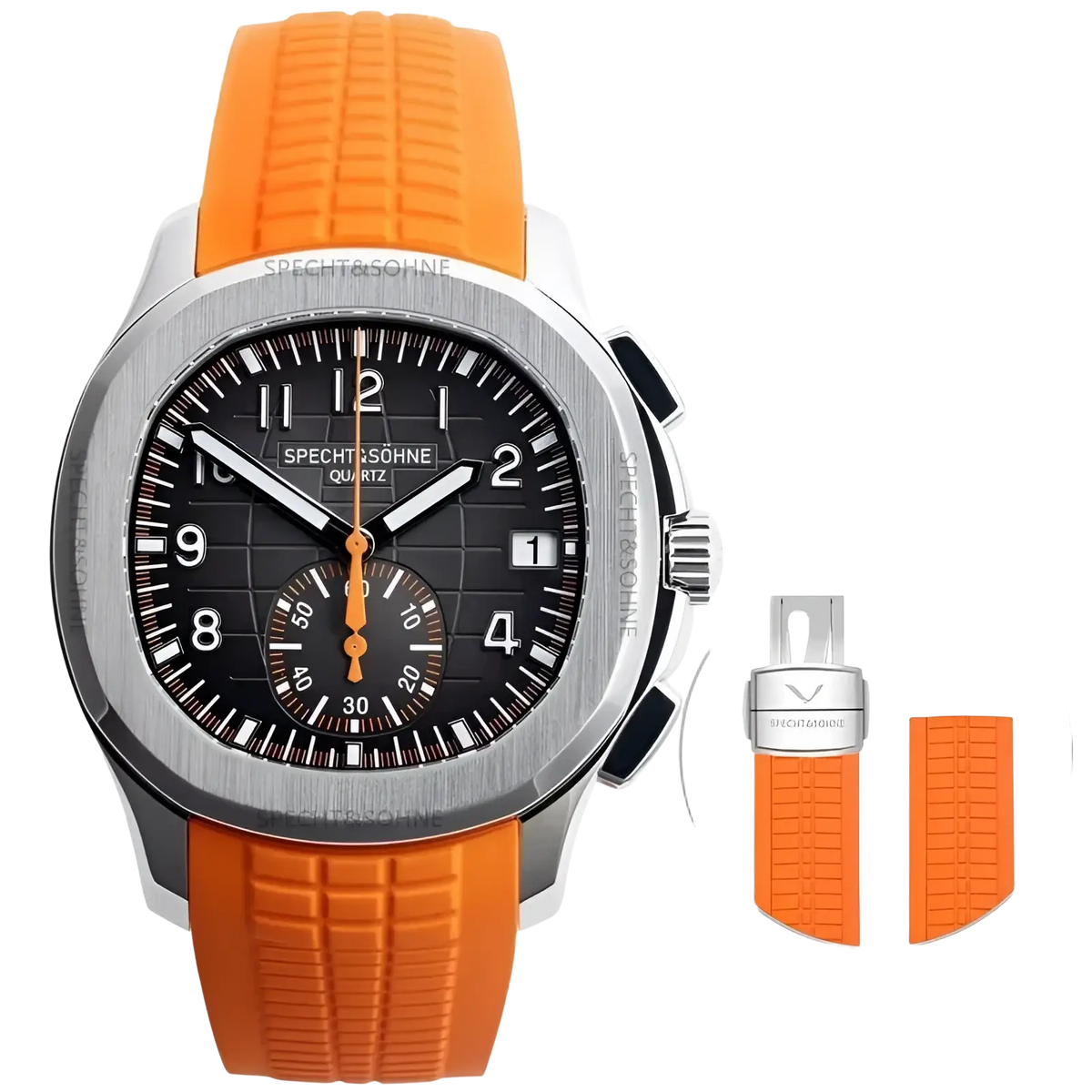 Specht & Söhne luxury sport chronograph watch with orange rubber strap silver-tone case and black dial quartz movement