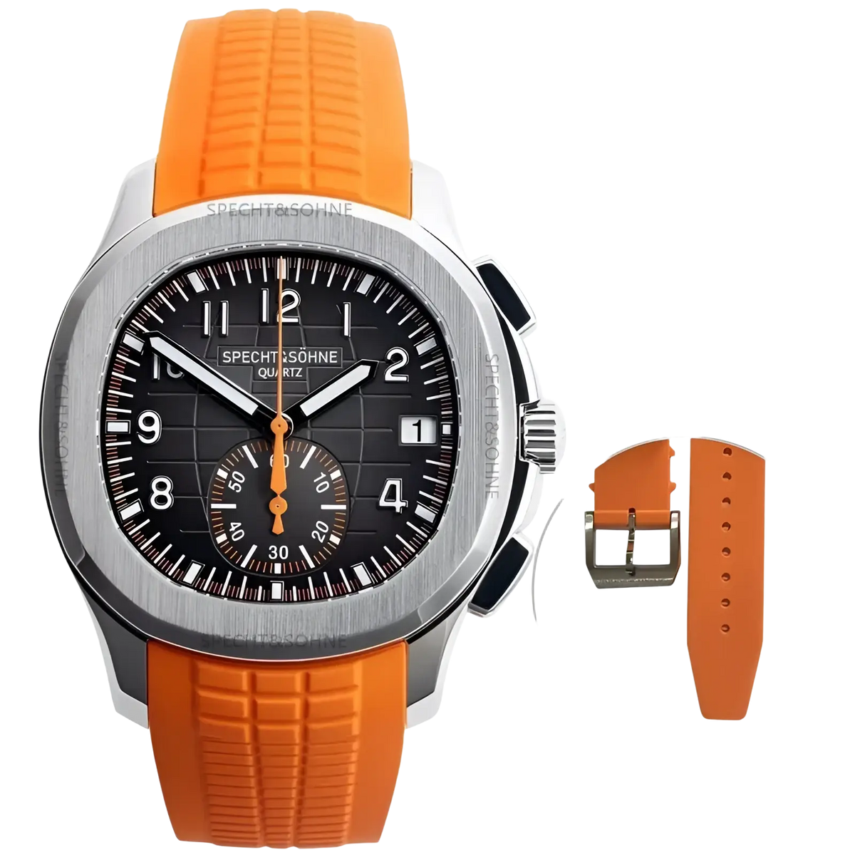 Specht & Söhne luxury sport chronograph watch with orange rubber strap silver case and black dial with white numerals and orange hands