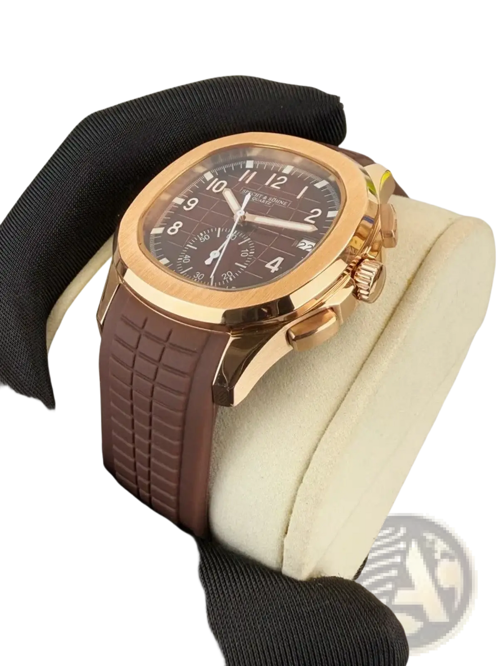 Specht & söhne luxury sport chronograph watch in rose gold with dark brown dial and textured brown rubber strap