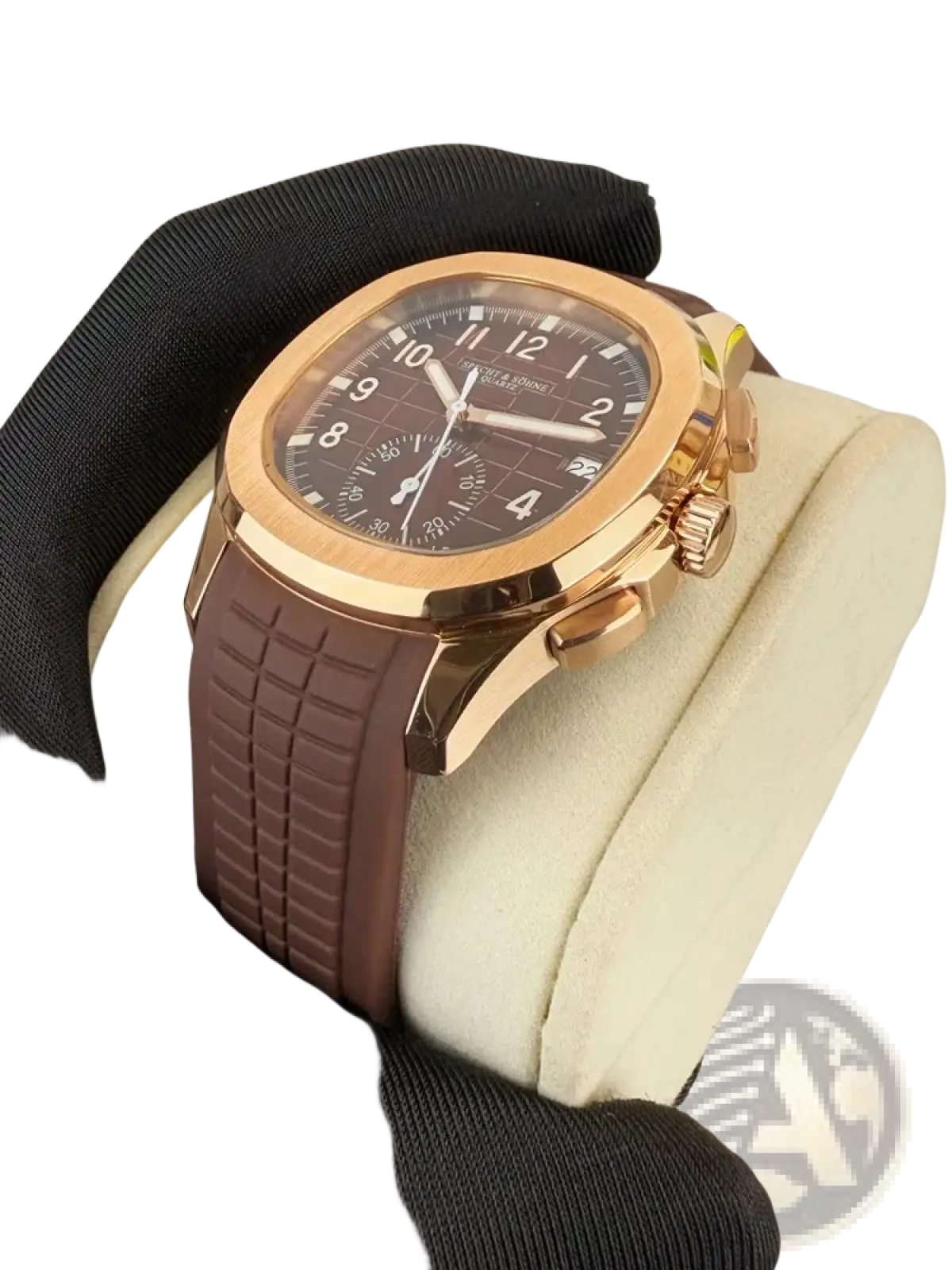 Specht & söhne luxury sport chronograph watch in rose gold with dark brown dial and textured brown rubber strap