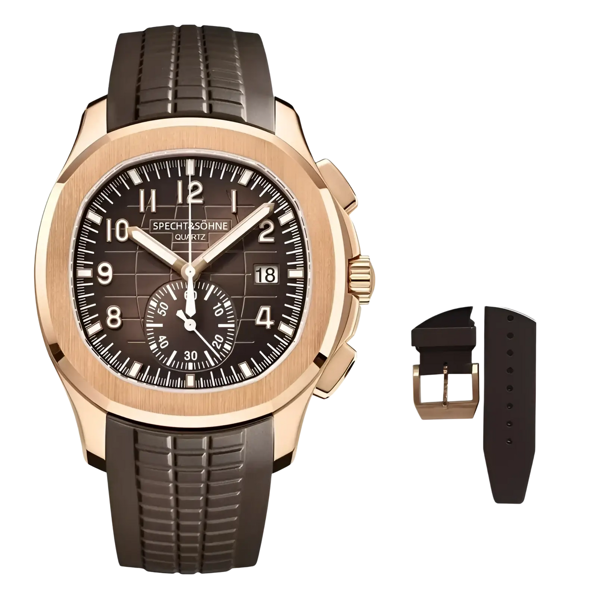 Specht & Söhne luxury sport chronograph watch in rose gold with black dial and textured rubber strap