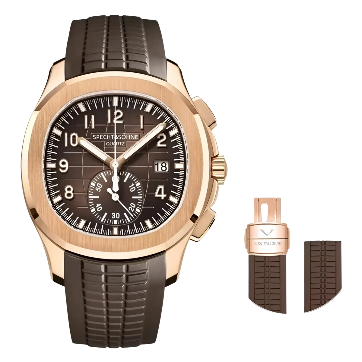 Specht & Söhne luxury sport chronograph watch with rose gold case, black dial, brown rubber strap, and butterfly buckle