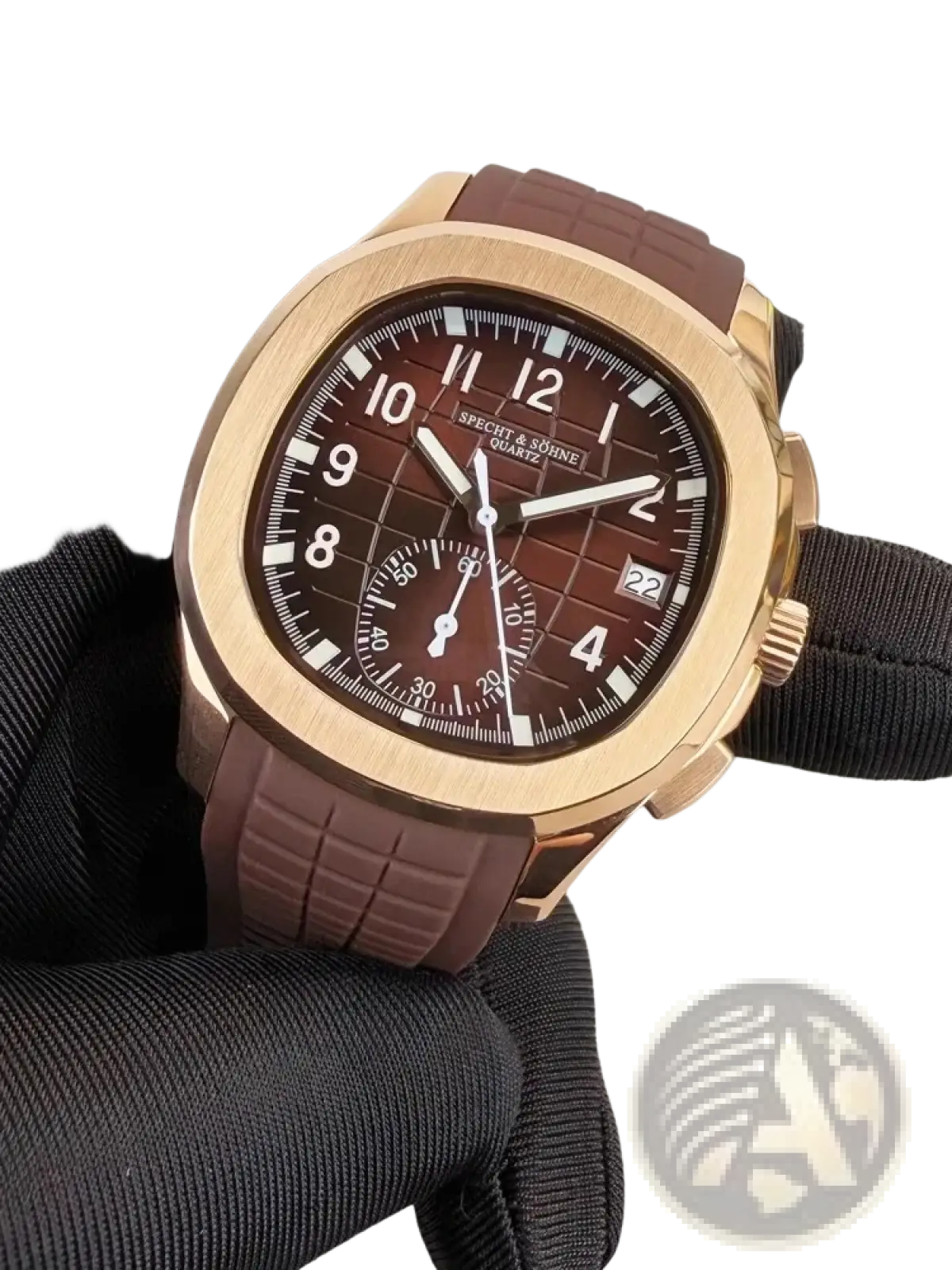 Specht & Söhne luxury sport chronograph watch with rose gold case, brown dial, and matching rubber strap