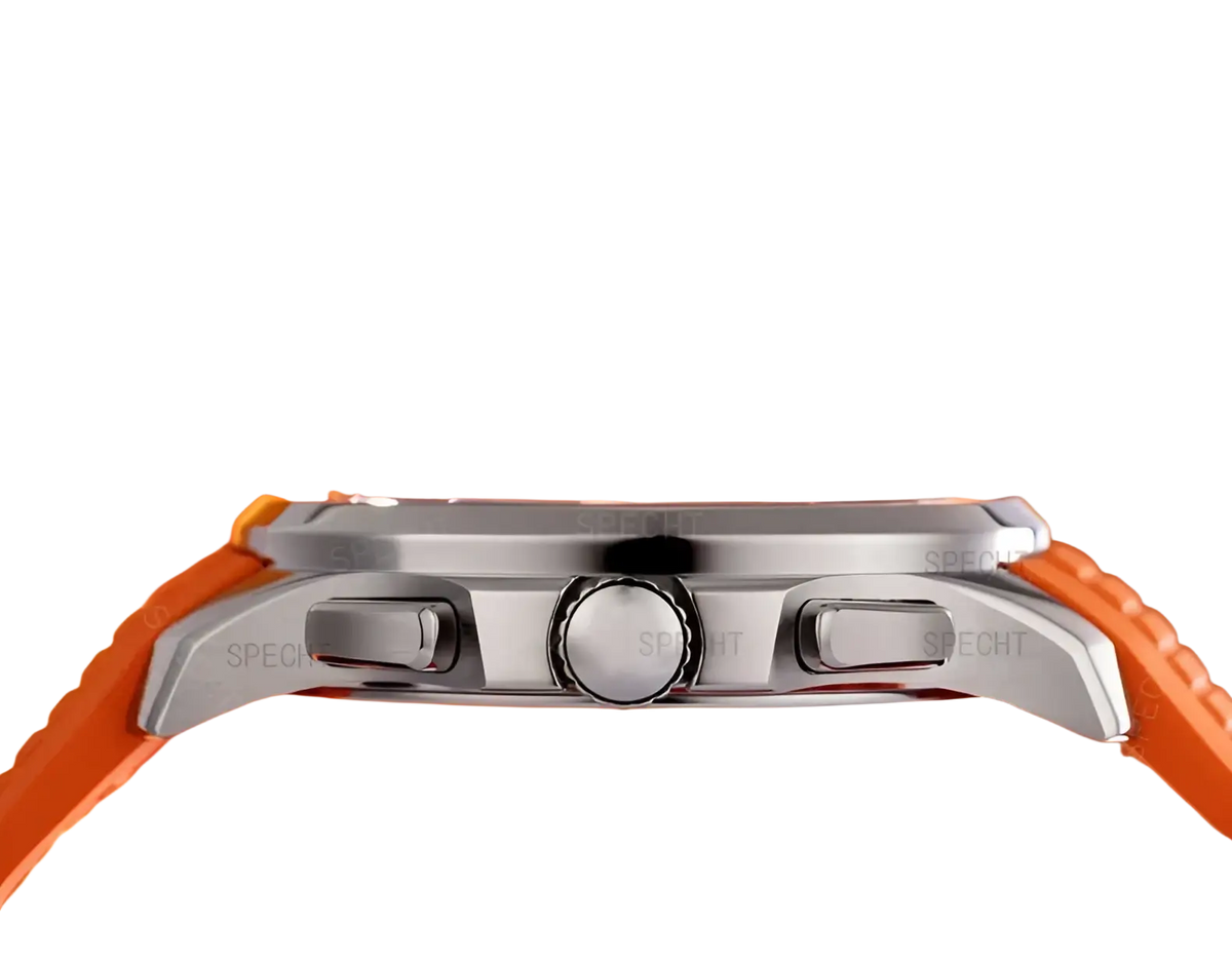 Silver-toned Specht & Söhne luxury sport chronograph watch with vibrant orange rubber strap and engraved branding on case