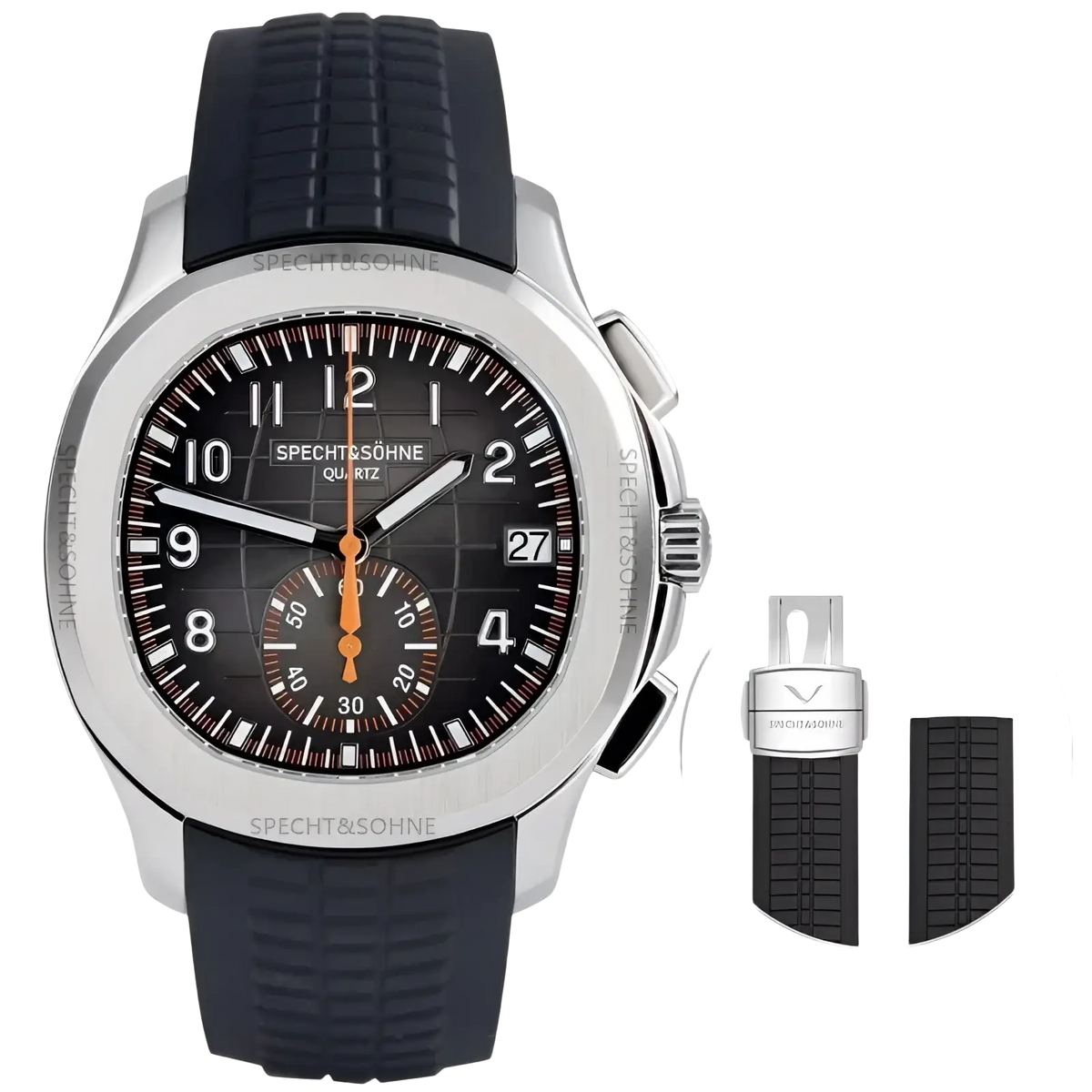 Silver-toned specht & söhne luxury sport chronograph watch with black rubber strap and textured dial