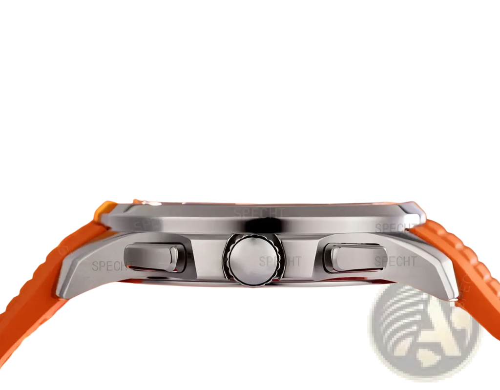 Silver-toned Specht & Söhne luxury sport chronograph watch with vibrant orange rubber strap and engraved branding on case