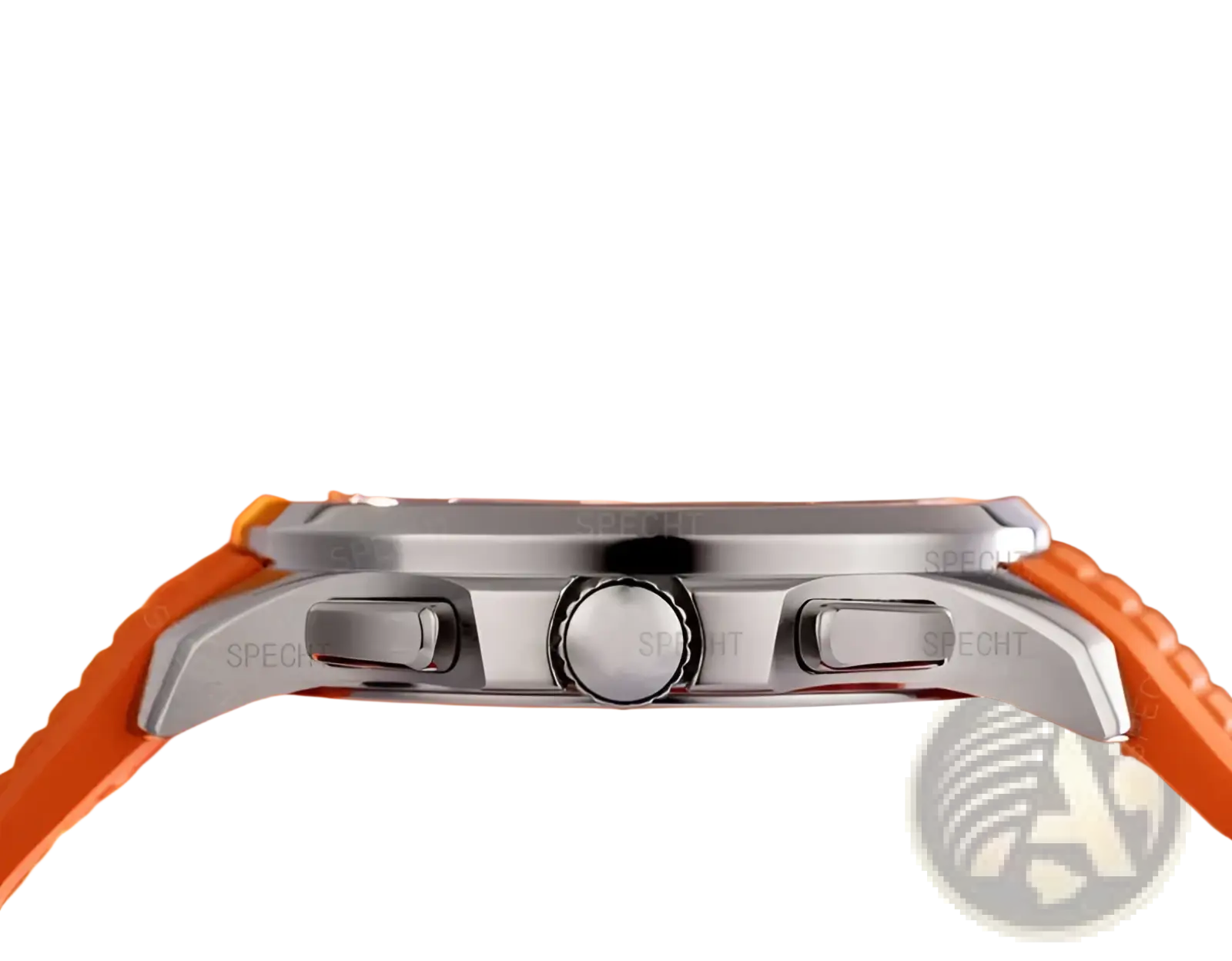 Silver-toned Specht & Söhne luxury sport chronograph watch with vibrant orange rubber strap and engraved branding on case