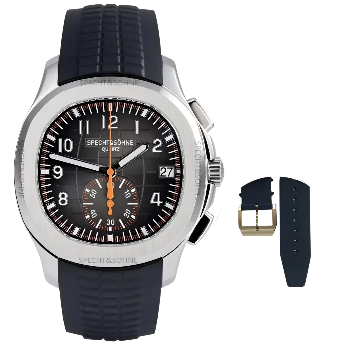 A sleek silver-toned specht & söhne luxury sport chronograph watch with a black rubber strap and dark dial with orange accents