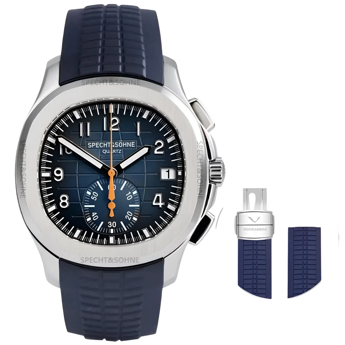 A sleek silver-toned specht & söhne luxury sport chronograph watch with a dark blue rubber strap and textured dial