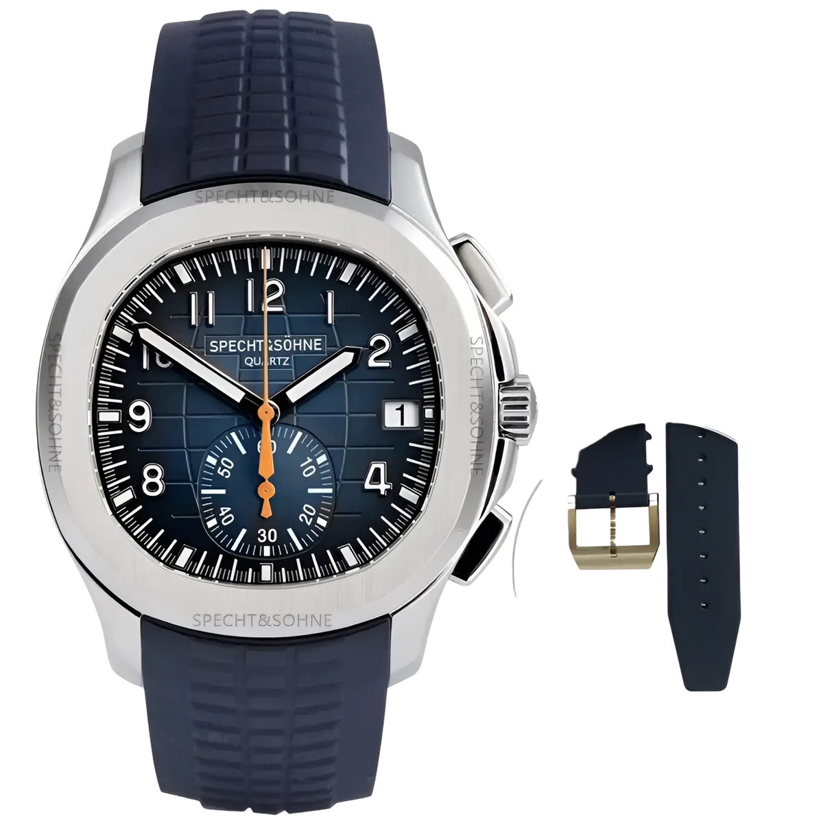 A sleek silver-toned specht & söhne luxury sport chronograph watch with dark blue rubber strap and orange hands