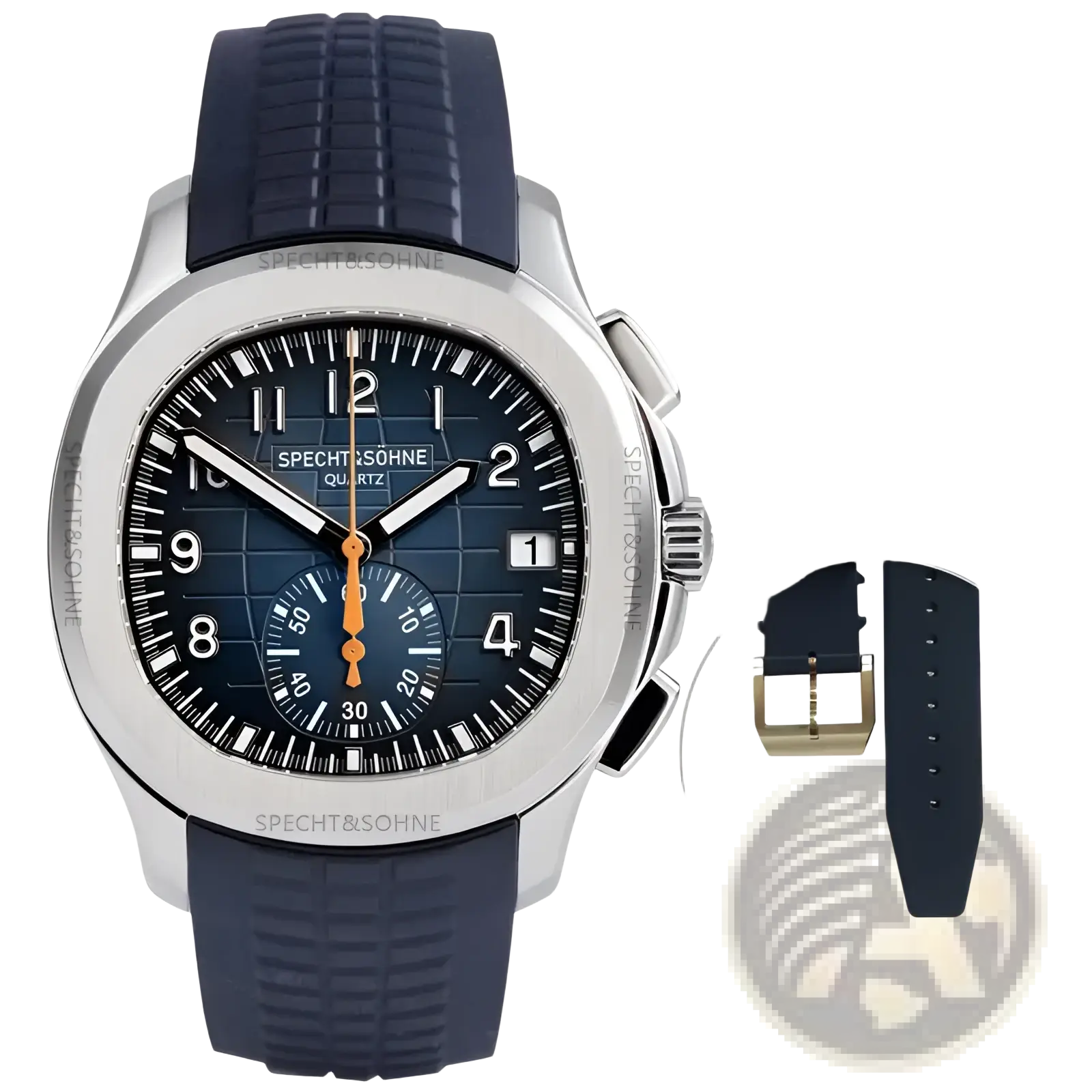 A sleek silver-toned specht & söhne luxury sport chronograph watch with dark blue rubber strap and orange hands