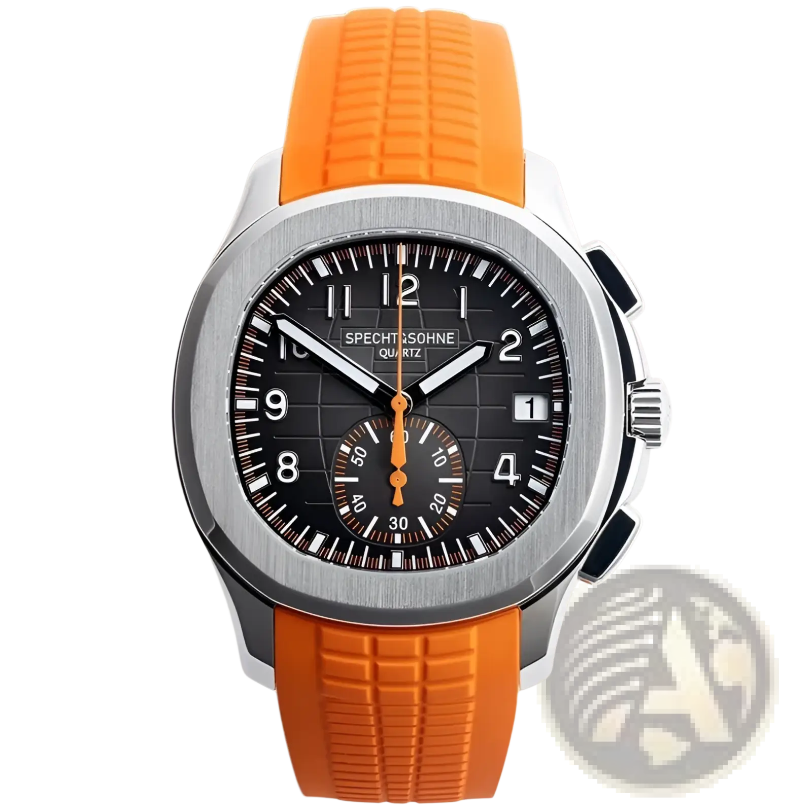 Specht & Söhne luxury sport chronograph watch with vibrant orange rubber strap silver case and black dial with bold numerals