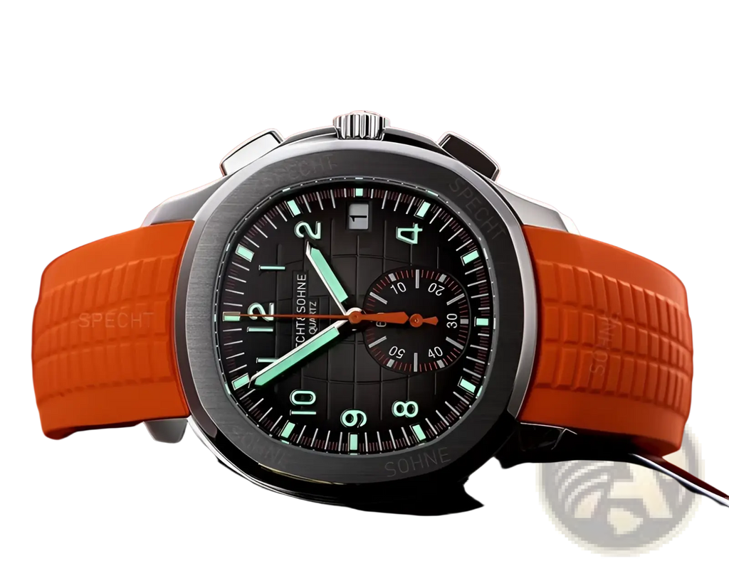 Specht & Söhne luxury sport chronograph watch with vibrant orange rubber strap, silver case, black dial, and luminous markers
