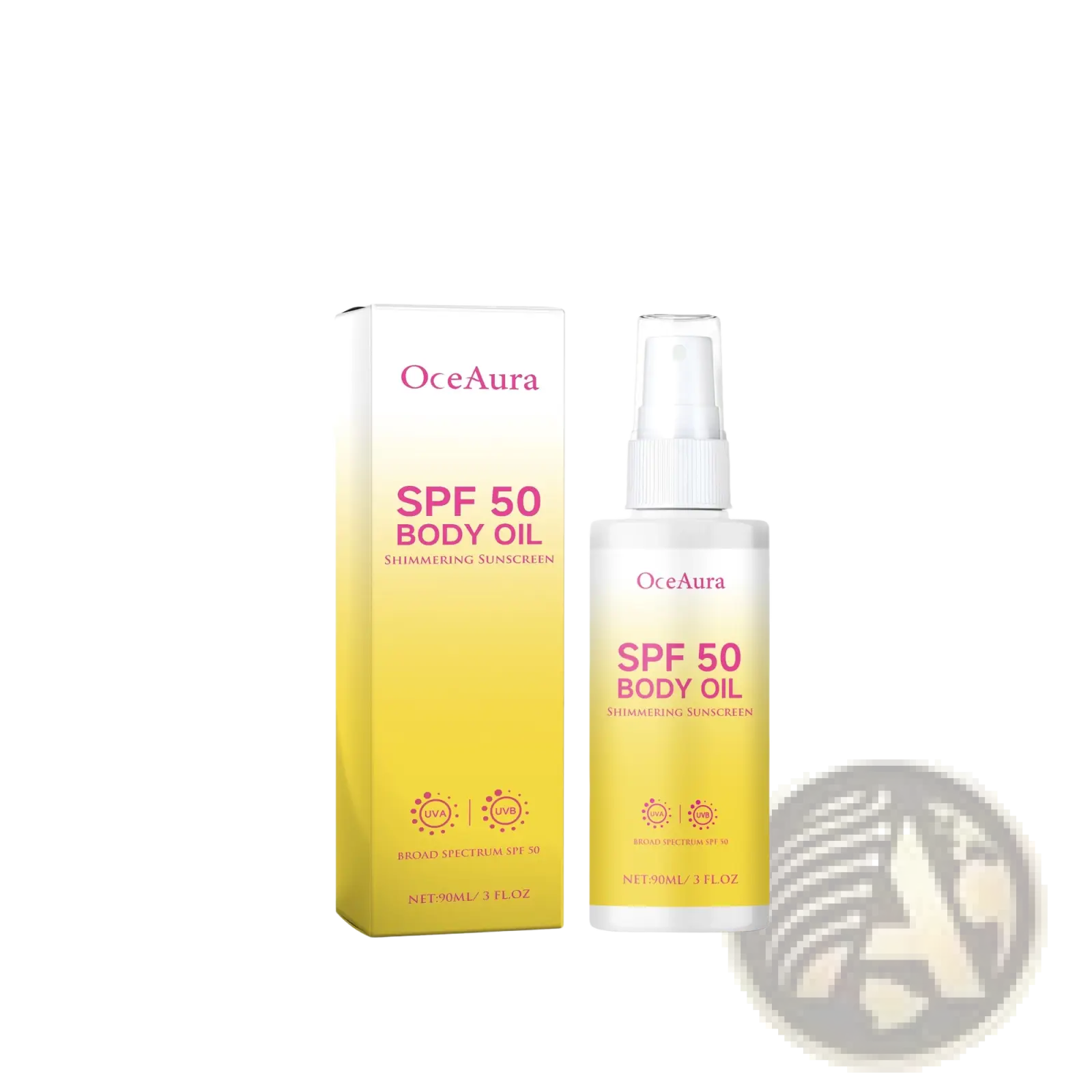 Oceaura spf 50 body oil sunscreen with coconut oil in a clear spray bottle and yellow gradient label with matching box