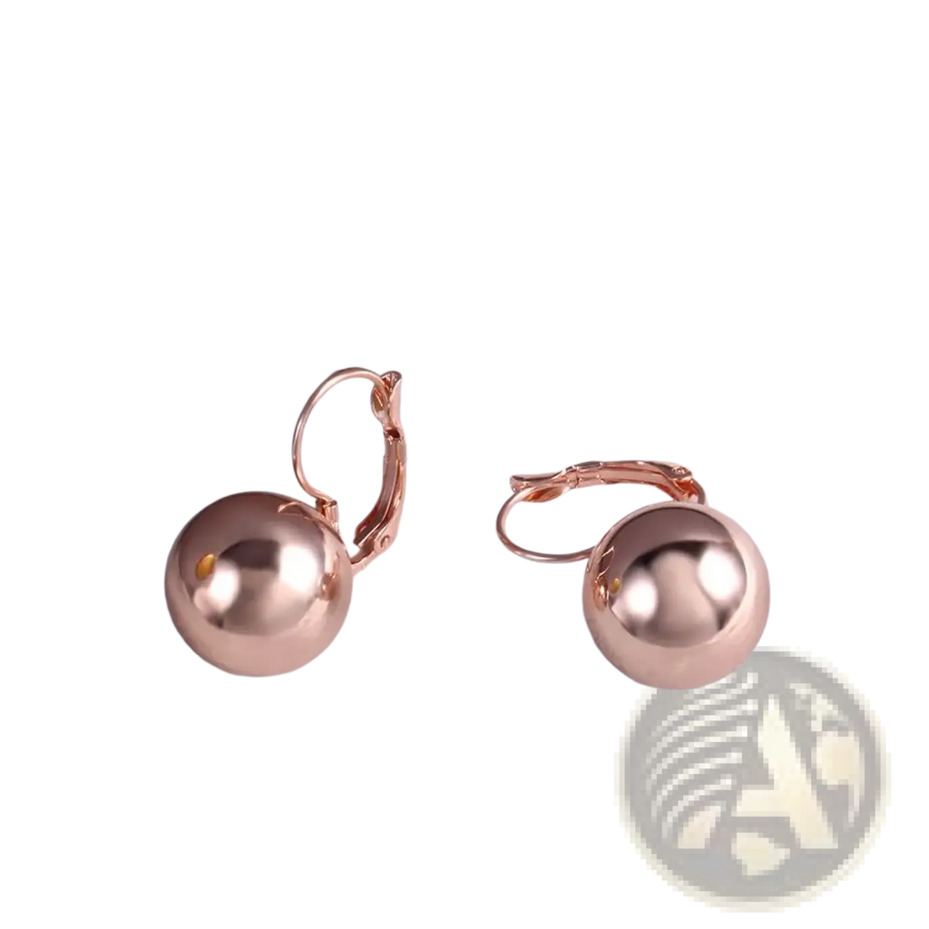 Rose gold spherical ball dangle earrings with polished reflective finish and classic lever-back closures