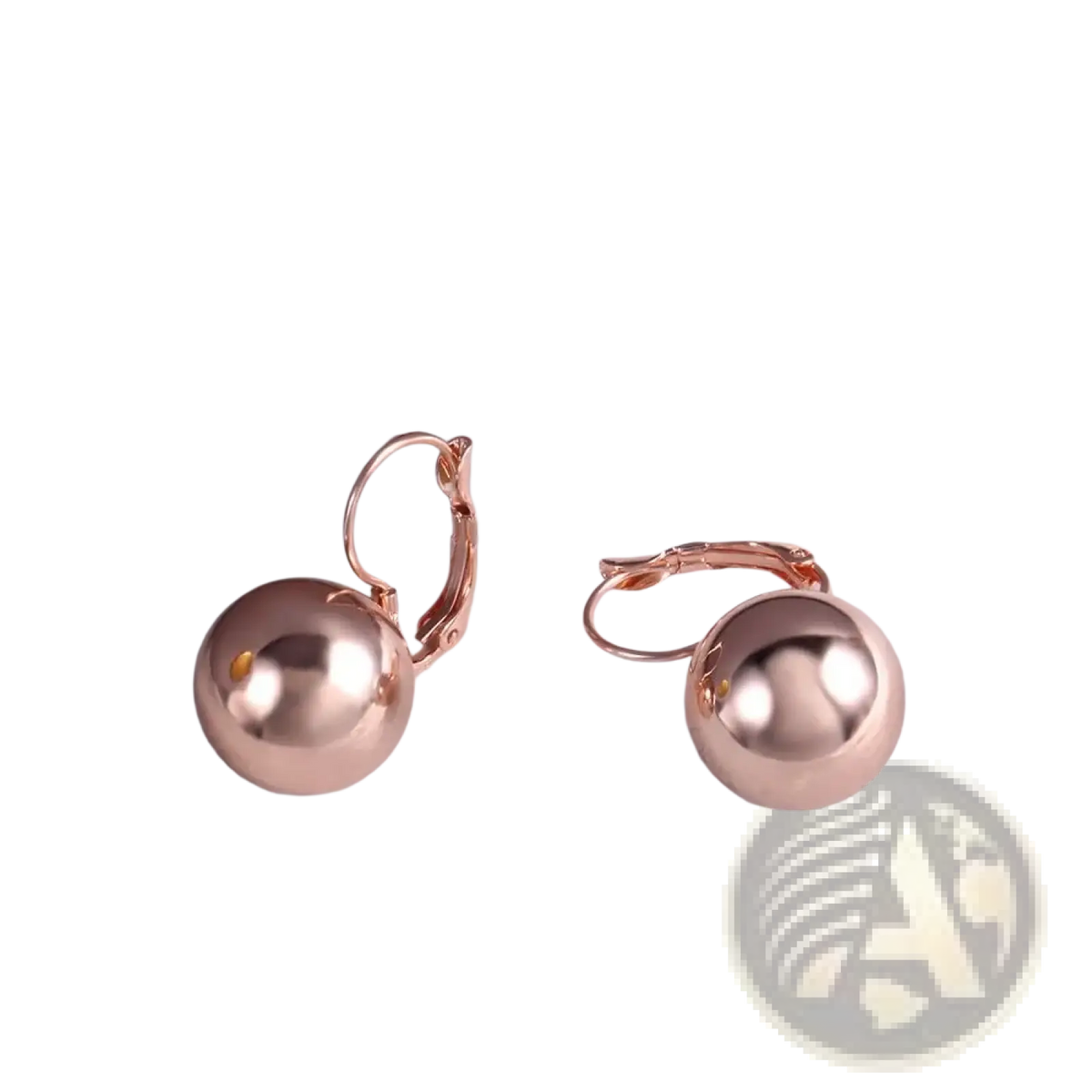 Rose gold spherical ball dangle earrings with polished reflective finish and classic lever-back closures