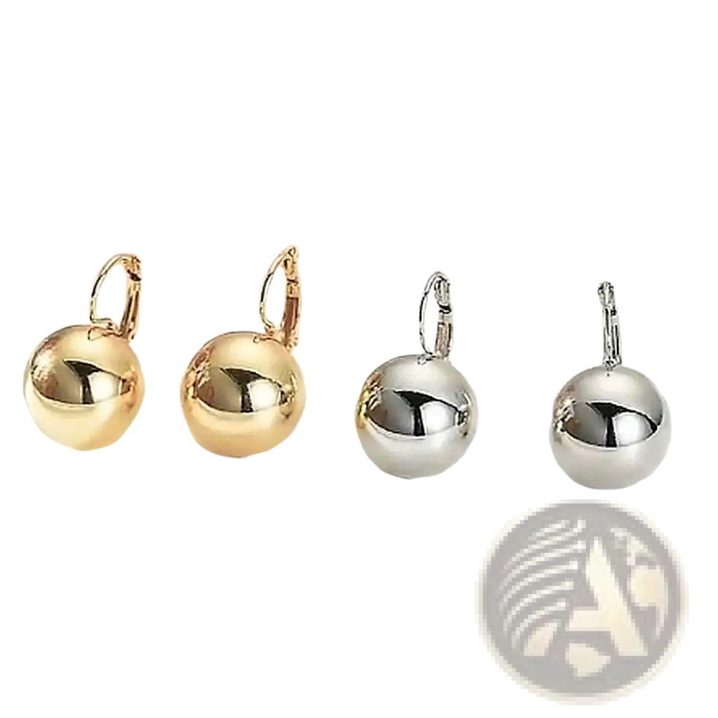 Spherical ball dangle earrings in rose gold and silver with polished metallic finishes and spherical drop design