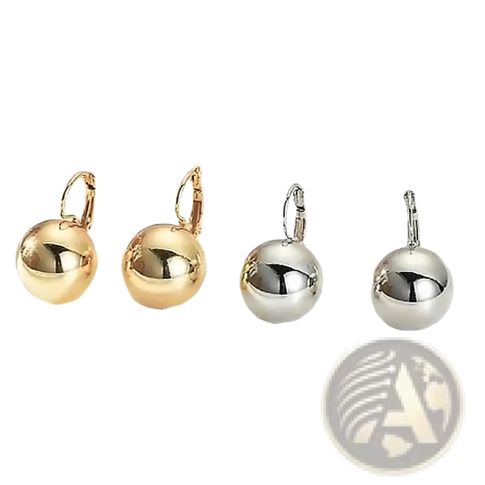Spherical ball dangle earrings in rose gold and silver with polished metallic finishes and spherical drop design