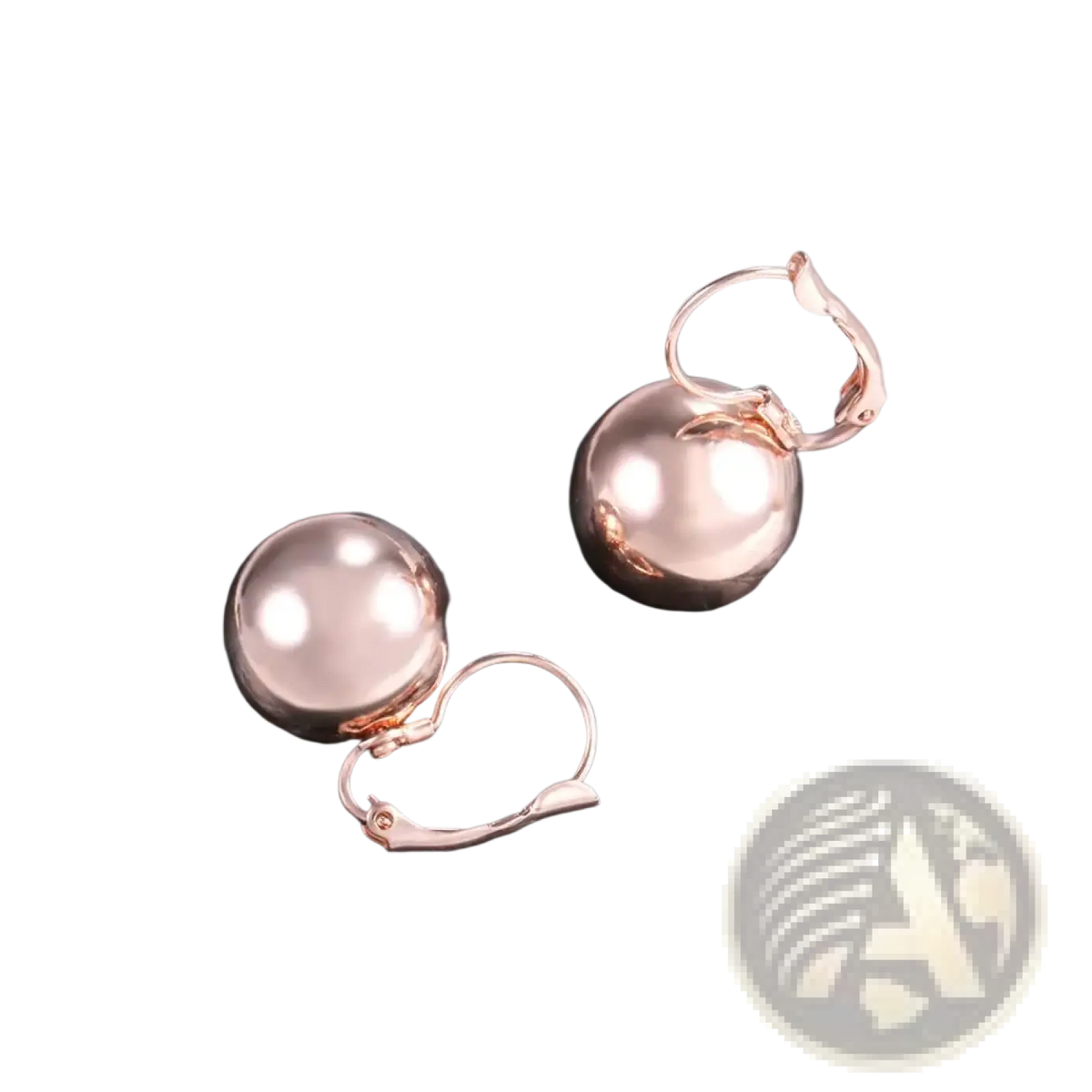 Rose gold spherical ball dangle earrings with a polished reflective finish in rose gold and silver