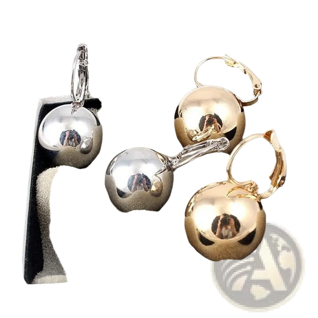 Set of four spherical ball dangle earrings in rose gold and silver tones with polished metallic finishes