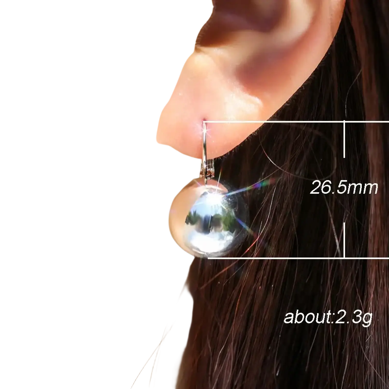 Shiny silver spherical ball dangle earring with reflective surface and small hook attachment in rose gold and silver