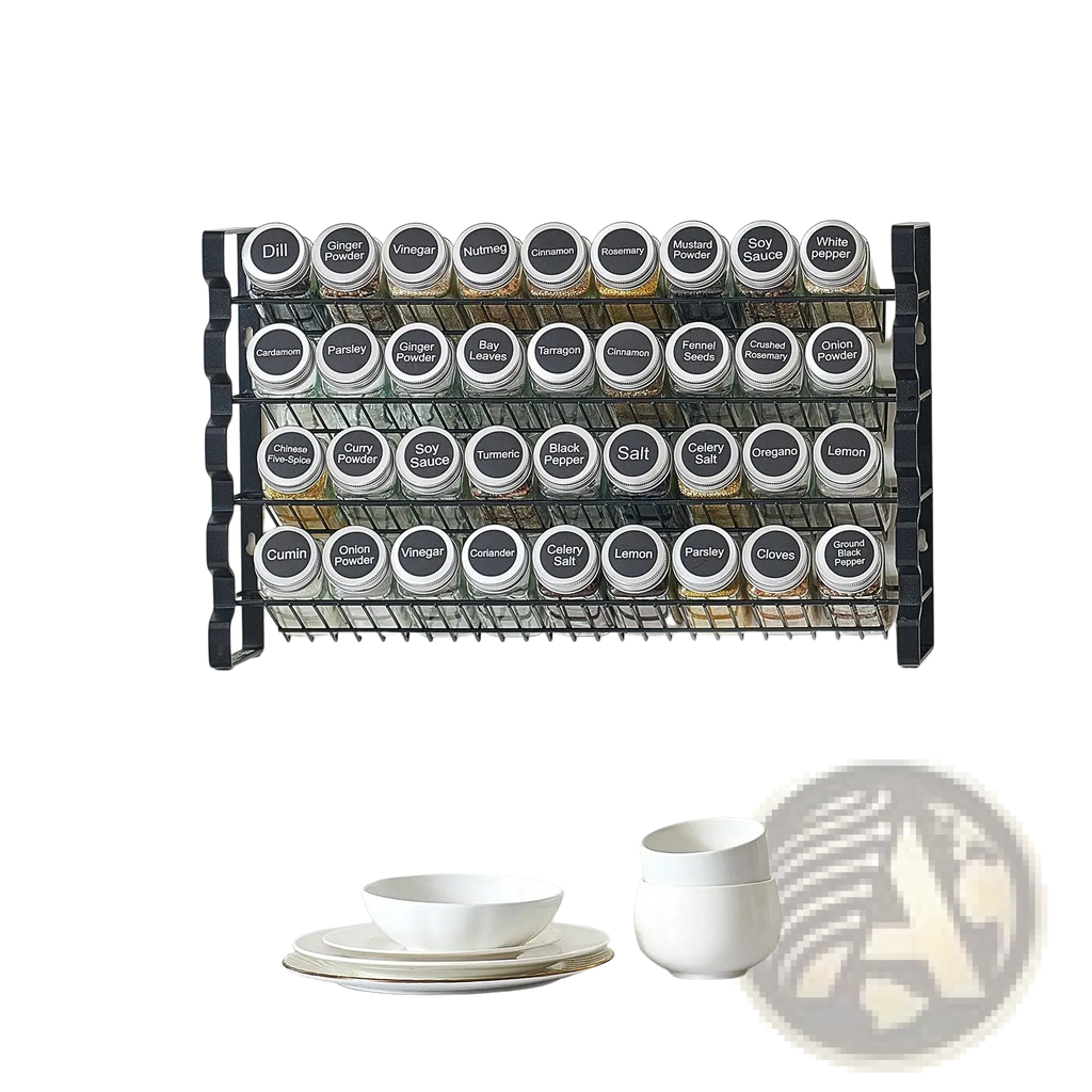 Black metal spice rack organizer with four tiers holding 36 clear glass jars with silver lids and black labels