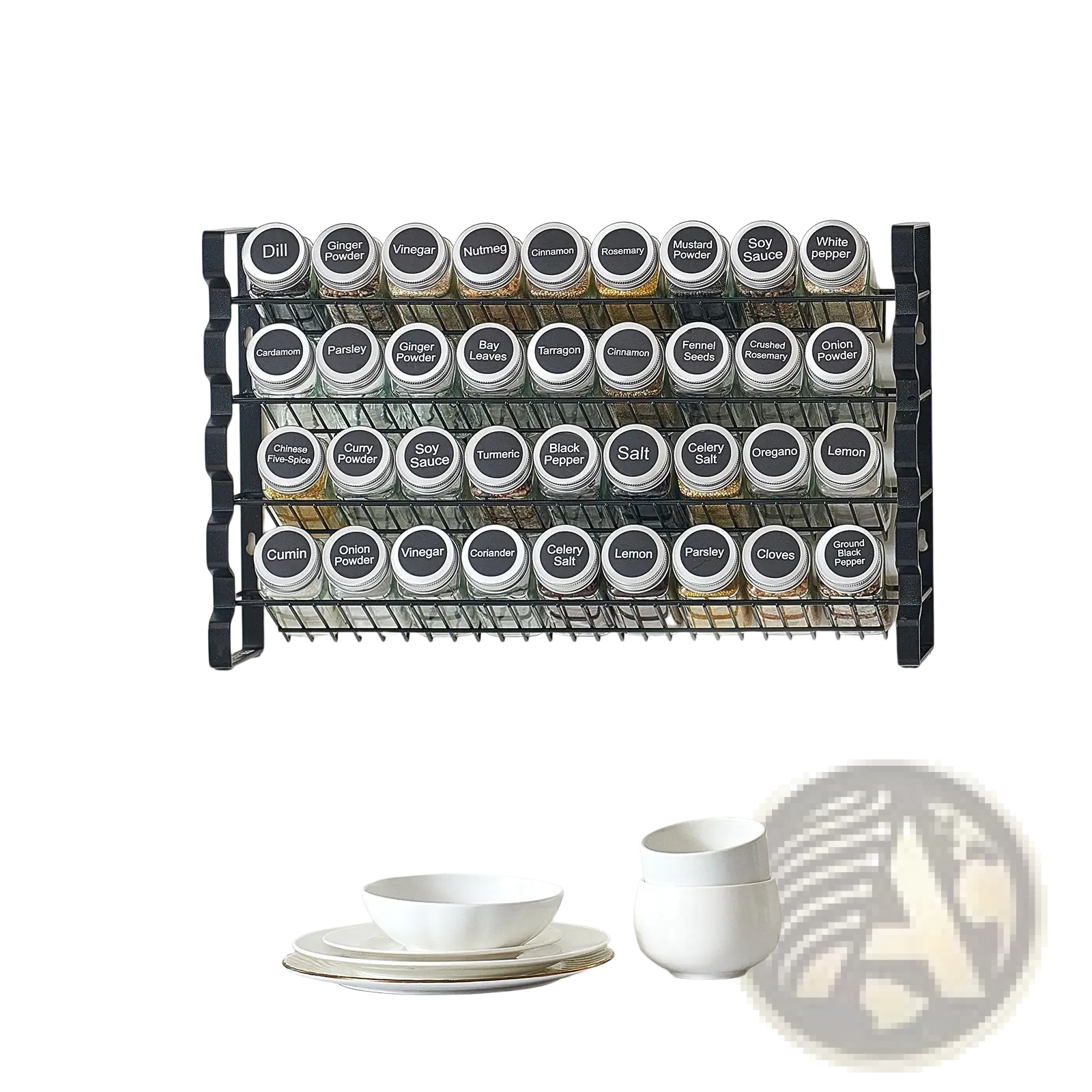 Black metal spice rack organizer with four tiers holding 36 clear glass jars with silver lids and black labels