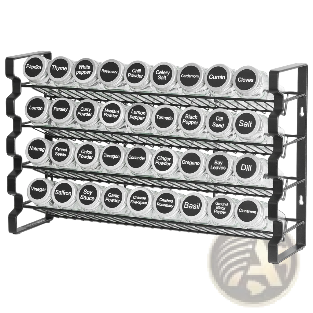 Black metal spice rack organizer with 36 clear glass jars and labeled black circular lids on 4 tier shelf