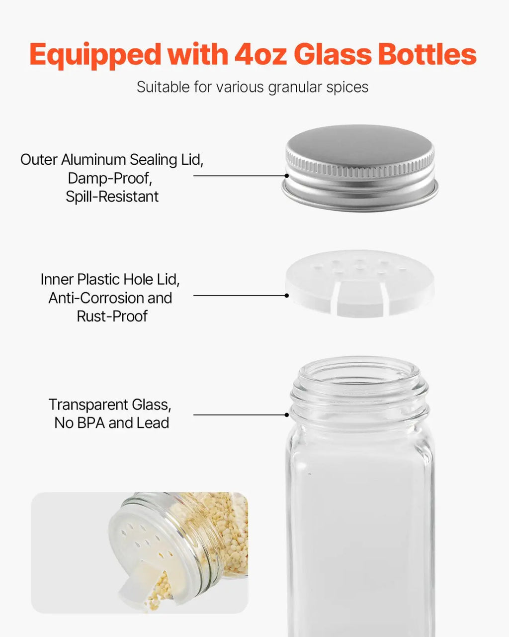 Clear glass spice jar with silver aluminum outer lid and white plastic perforated inner lid for spice rack organizer