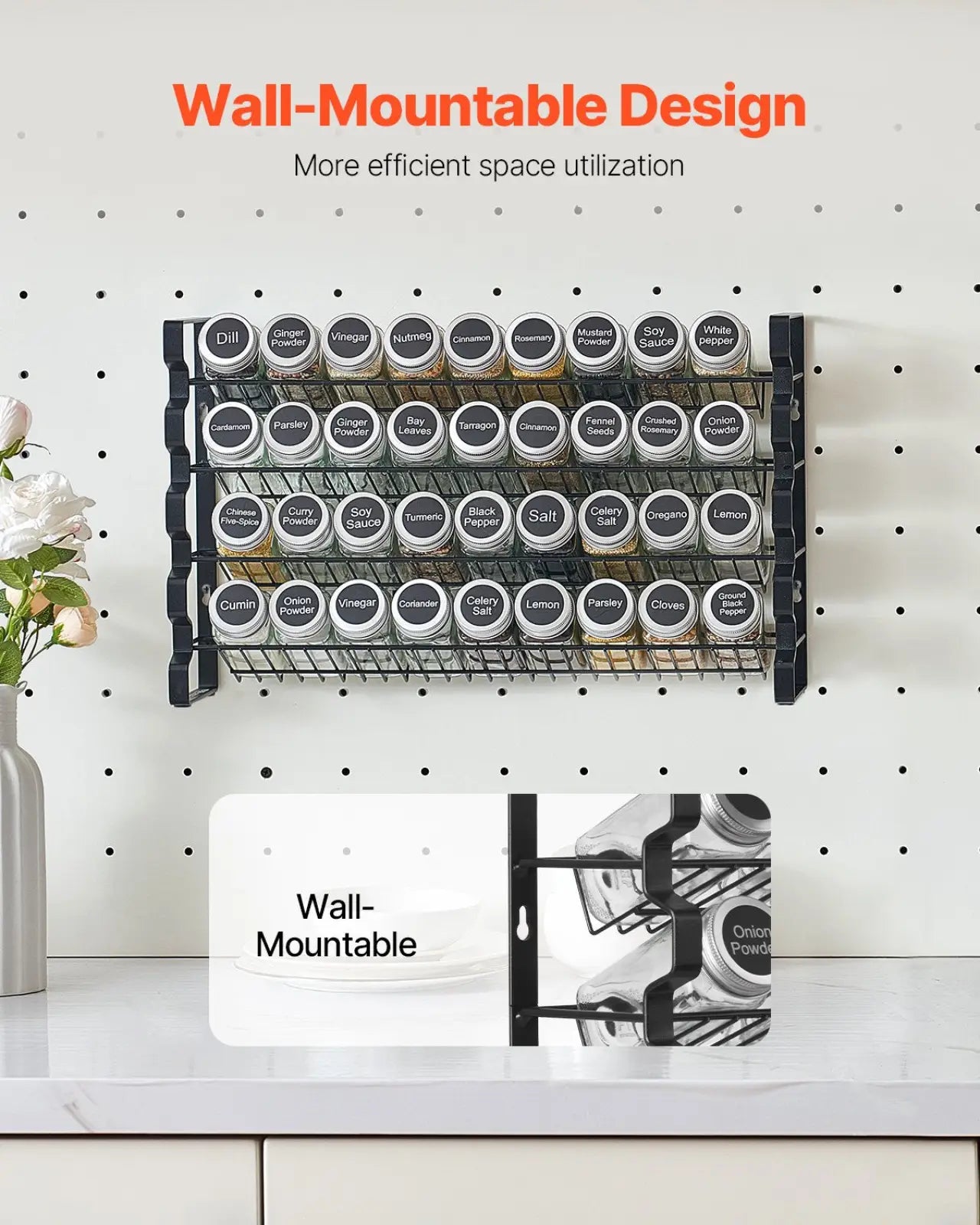Black wall-mountable spice rack organizer with 36 clear glass jars and labeled lids on a 4 tier shelf