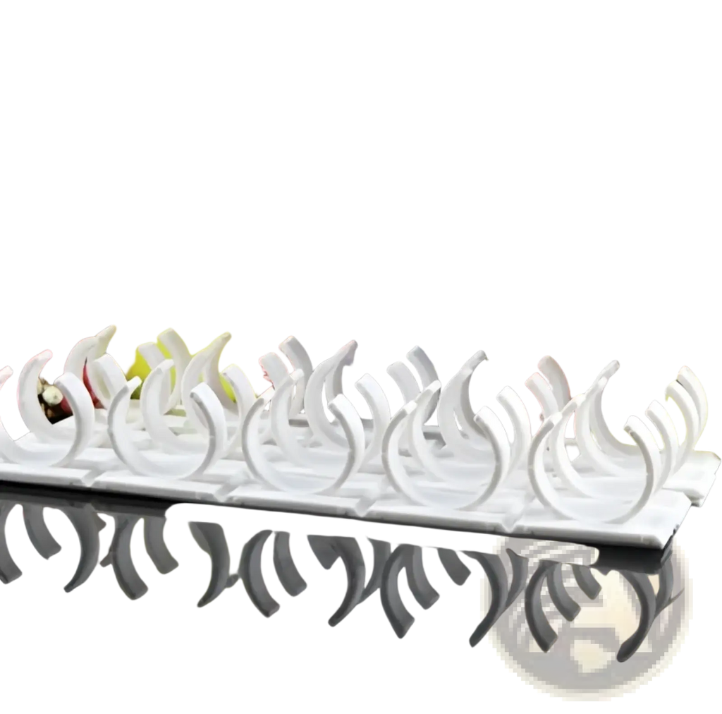 White plastic adhesive anti-theft clips arranged in a row for spice rack organizer wall mount use