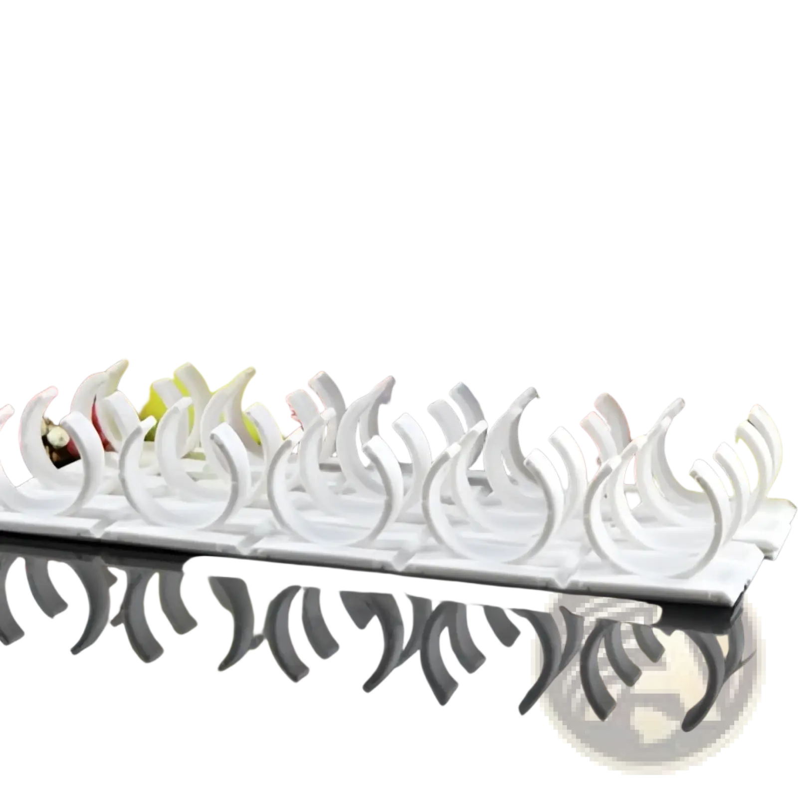White plastic adhesive anti-theft clips arranged in a row for spice rack organizer wall mount use